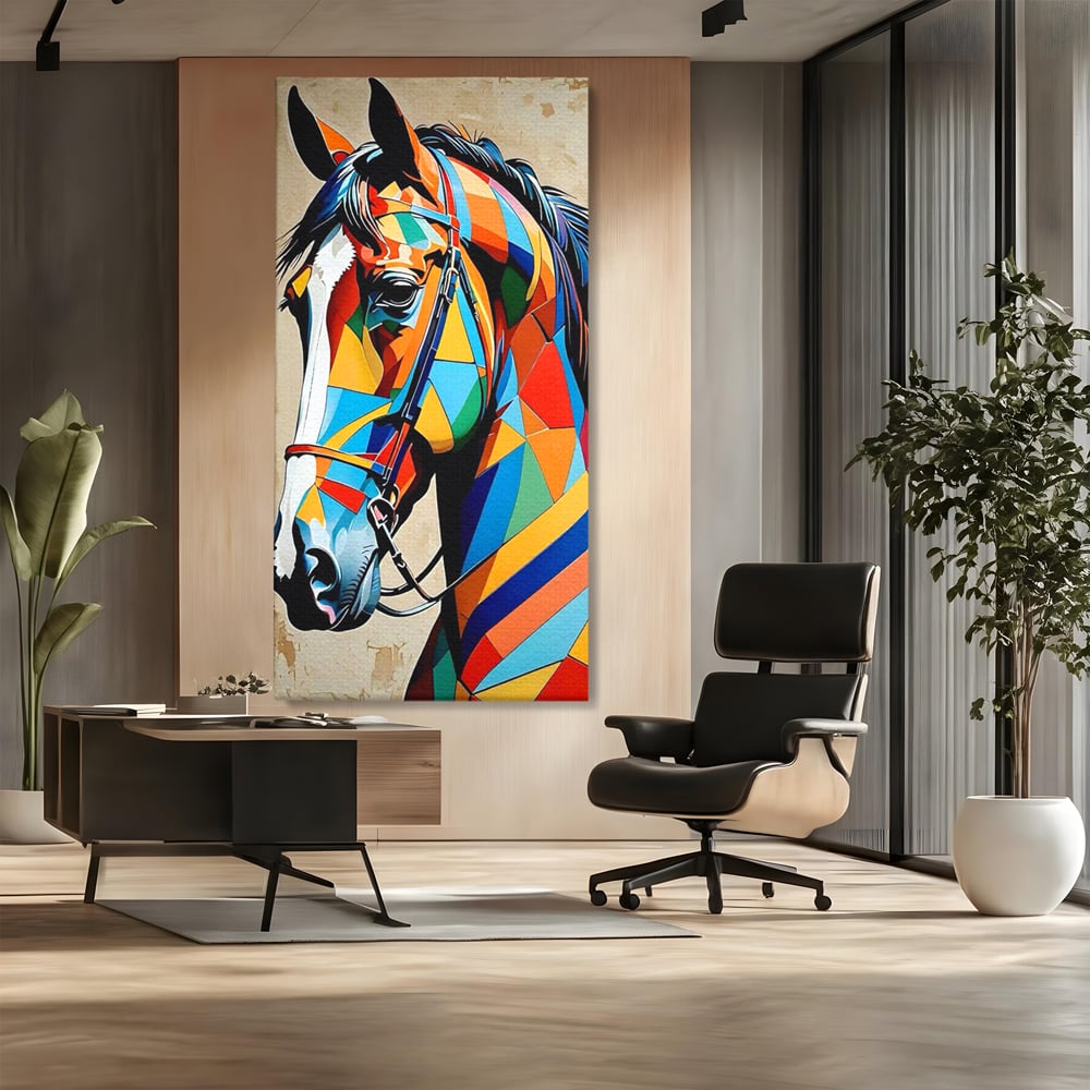 Tablou canvas cu tablou canvas cu armasar geometric colorat, fara rama, pe sasiu de lemn, pe perete intr-un birou